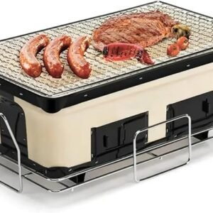 Healthy Choice BBQ Tabletop Grill - Hibachi Japanese Korean Style Traditional Clay Firebox Barbecue Grill for Outdoors - Protable, Dual Charcoal Chambers for Camping, Beach & Picnic - Rectangle