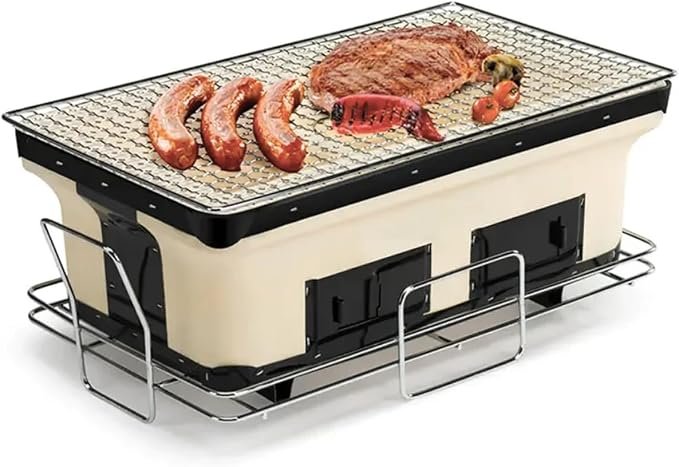 Healthy Choice BBQ Tabletop Grill - Hibachi Japanese Korean Style Traditional Clay Firebox Barbecue Grill for Outdoors - Protable, Dual Charcoal Chambers for Camping, Beach & Picnic - Rectangle