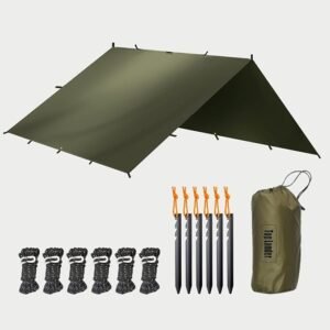 Large Waterproof Camping Tarp Tent Shelter Lightweight Backpacking Hiking Hammock Rain Fly Sun Shade (Olive Green||4X4m Tarp with 19 Loops)