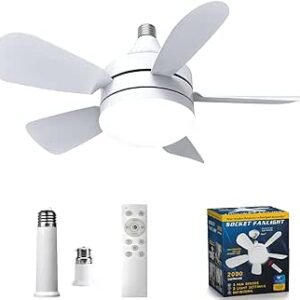Yaberry Grove Socket Fan Light -18" Ceiling Fan with Light and Remote, E26/E27/B22 Plug in Fan Light Bulb for Bedroom, Kitchen, Living Room, Workshop-3 Color Temperatures, 3 Fan Speeds,2000 lumens,50W