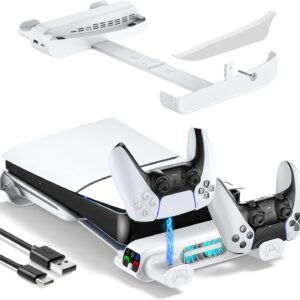 Tokluck PS5 Horizontal Cooling Stand Station Compatible with PlayStation 5 Pro/Slim Disc & Digital Console, PS5 Stand with Dual Controller Charger and 3-Level Cooling Fan, PS 5 Accessories