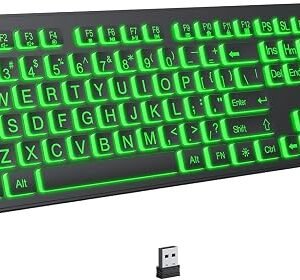 Large Print Backlit Wireless Keyboard, 2.4G Silent Wireless Light Up Key Board, Full Size Computer Keyboards with 7 Colored Backlits, Rechargeable Wireless Keyboard for Windows, PC (Black, Large)