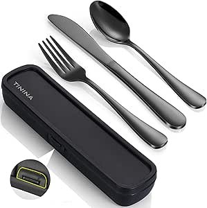 Travel Cutlery Sets with Case, 4-Piece Stainless Steel Portable Utensils, Reinforced Case with Buckle Design, Lunch Box for Camping Office School, Include Fork Spoon Knife, Dishwasher Safe, Black