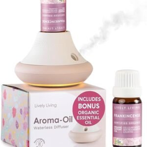 Lively Living Aroma Oil Waterless Diffuser + Oil - (10ml) Frankinsence Organic Essential Oil USB Rechargeable Battery Operated, Cordless Diffuser, Portable, Wireless & Noiseless with 3 Mist Settings