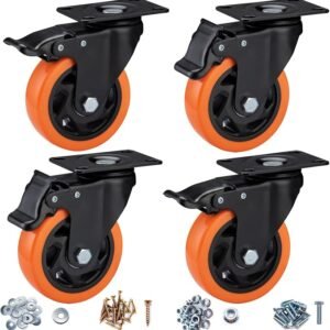 Castor Wheels, 100mm Castors, Heavy Duty Caster Wheels Set of 4 - ASRINIEY Swivel Castors with Brake (Plate), Casters and Wheels for Furniture Workbench, Non Marking Orange Polyurethane Trolley Wheels