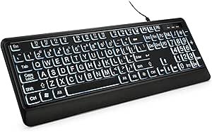 Glaais Black Large Print Backlit Keyboard,Full Size USB Wired Keyboard,White Illuminated LED Keyboard,Compatible for PC Desktop, Laptop