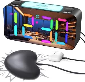Extra Loud Alarm Clock for Heavy Sleeper Hearing Impaired Deaf, Vibrating Alarm Clock with Bed Shaker for Adults Seniors Teens, Digital Clock with Large Display& 4 Dimmer, 7-Color Night Light,12/24H