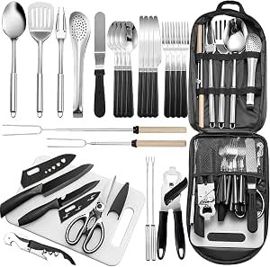 Portable Camping Kitchen Utensil Set-27 Piece Cookware Kit, Stainless Steel Outdoor Cooking and Grilling Utensil Organizer Set for Travel, Picnics, Camping, BBQs, Parties