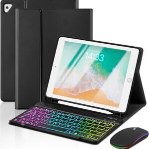 EAMPANG Case with Keyboard and Mouse for iPad 6th/5th Generation Air 1 2 | Pro 9.7 inch,7 Color Rainbow Backlight Detachable USB-C Keyboard Magnetic Case with Pen Slot for iPad 2018 2017 Black+Mouse