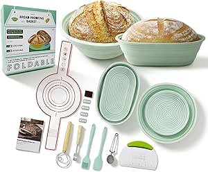 Silicone Sourdough Starter Kit, Banneton Bread Proofing Basket Set with 9” Round & 10” Oval Baskets, Artisan Bread Baking Tools Including Silicone Bread Sling & Scoring Knife