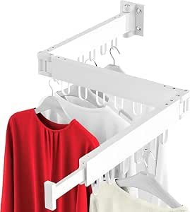 Clothes Drying Rack, Foldable Laundry Drying Rack Wall Mounted, Heavy Duty Space Saving Wall Clothing Rack, Collapsible (Tri-Fold), Retractable Rack Outdoor Indoor with Hooks, White