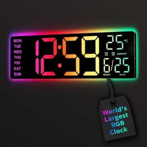 Digital Wall Clock 16.5", Auto Time Sync, Auto DST, LED 11 RGB Lights