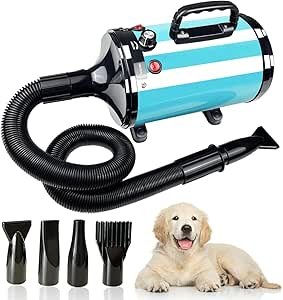 Dog Hair Dryer,5.2HP/ 3800W High Velocity Blow Dryer for Dogs Pet Grooming,Low Noise Speed Temperature Adjustable Pet Grooming Dryer with 4 Nozzles, Blue