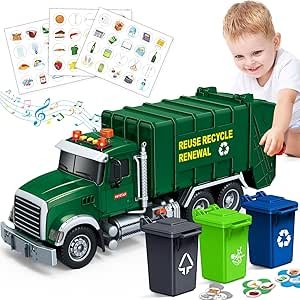Kids Toys for 3 4 5 6 7 8 Years Old Boys, 15" Large Garbage Truck Toy, Friction Powered Garbage Recycling Truck with Lights and Sounds, 3 Trash Bins with Trash Cards, Birthday Gifts for Boys Girls