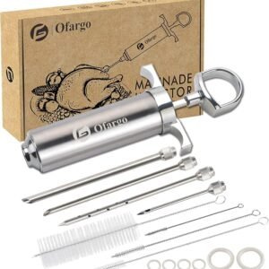 Ofargo 304-Stainless Steel Meat Injector Syringe with 4 Marinade Needles for BBQ Grill Smoker, 2-oz Large Capacity, Recipe E-Book (Download PDF)