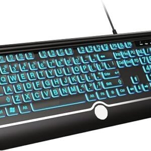 Large Print Backlit Keyboard, Wired USB-A Computer Keyboard with Wrist Rest, 7-Color Backlit, Oversized Letter Keys Easy to See, Plug-and-Play, Silent, Foldable Stands for Windows/PC/Laptop (Black, L)