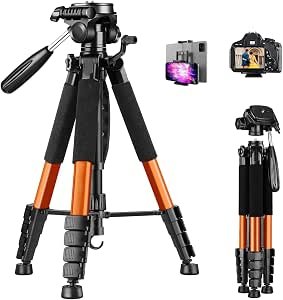 Camera Tripod for Canon Nikon, 190cm Lightweight DSLR Tripod Camera Stand with Detachable Head and Universal Phone Mount, Reinforced Aluminum Tall Tripod for Vlog Live Streaming (Orange)