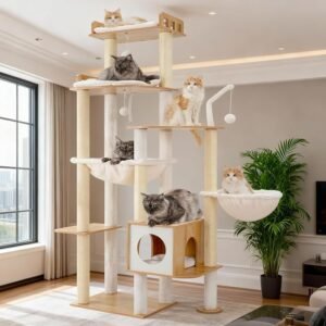 Heybly Cat Tree, 179cm Wood Tall Cat Tower for Large Indoor Cats with Extra Stable Structure, Modern Cat Furniture with All-Sisal Scratching Posts, Cat Condo & Hammocks, Walnut HCT121WB