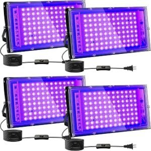4 Pack 100W LED Black Light, UV Black Lights for Glow Party, IP65 Waterproof Outdoor UV Blacklight for Black Light Party, Body Painting, Fluorescent Painting, Birthday Parties, Halloween