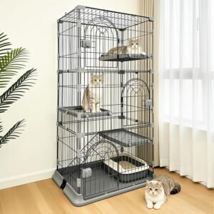 4-Tier Cat Cage for 2-3 Cats with Wide Base and Locks, Grey