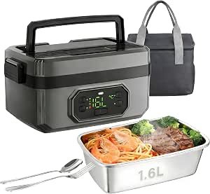 24000mAh Cordless Insulated Electric Lunch Box, 1.6L Stainless Steel Food Warmer with 6 Temp & 8 Timer, Leakproof, Removable Tray Divider, Includes Spoon, Fork & Carry Bag for Camping