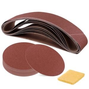 Glarks 23Pcs Sanding Belts and Sanding Discs Set Including 10Pcs 4 x 36 Inch 80/120/150/240/400 Grits Sanding Belts and 12Pcs 80/100/120/180/ 240/400 Grits Self Adhesive No-Hole Sticky Sanding Discs