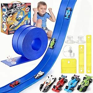 15Ft Flexible Hot Wheels, Bendable Roll-Up Car Track with 4 Cars & Suction Cups, Portable Outdoor for 1/64 Diecast Cars