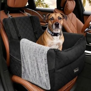 Small Dog Car Seat, Memory Foam Dog Booster Car Seats with Thick Cushion for Medium Dogs Under 15kgs, Detachable Washable Bed for Vechil, Pet Carseat Bundle includes 2 Safety Belts&Blanket (All Black)