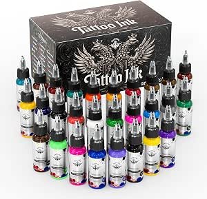 Tattoo Ink Set 28 Colors, 1oz (30ml) Each, Ultra-High Saturation & Easy Coloring Professional Tattoo Pigments – Smooth Flow for Studio Artistry (28)