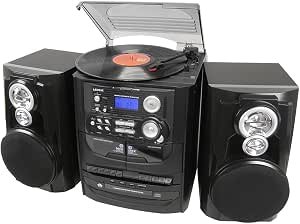 Lenoxx 3-in-1 CD Music System - 3 Speed Turntable, Dual Cassette & FM/AM Radio - Perfect Music System for Home, Party & Beach House - High Speed Dubbing, LCD Display & Remote Control - Black