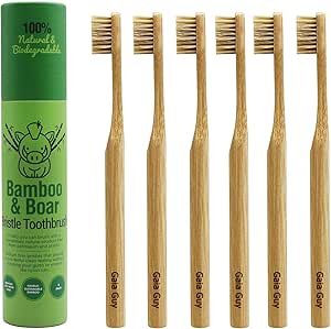 Gaia Guy Natural Bristle Bamboo Toothbrush (NO Nylon - Boar Hair ONLY) - Totally Compostable & Biodegradable Boar Bristle and Bamboo Toothbrushes - Zero Waste - 6-Pack